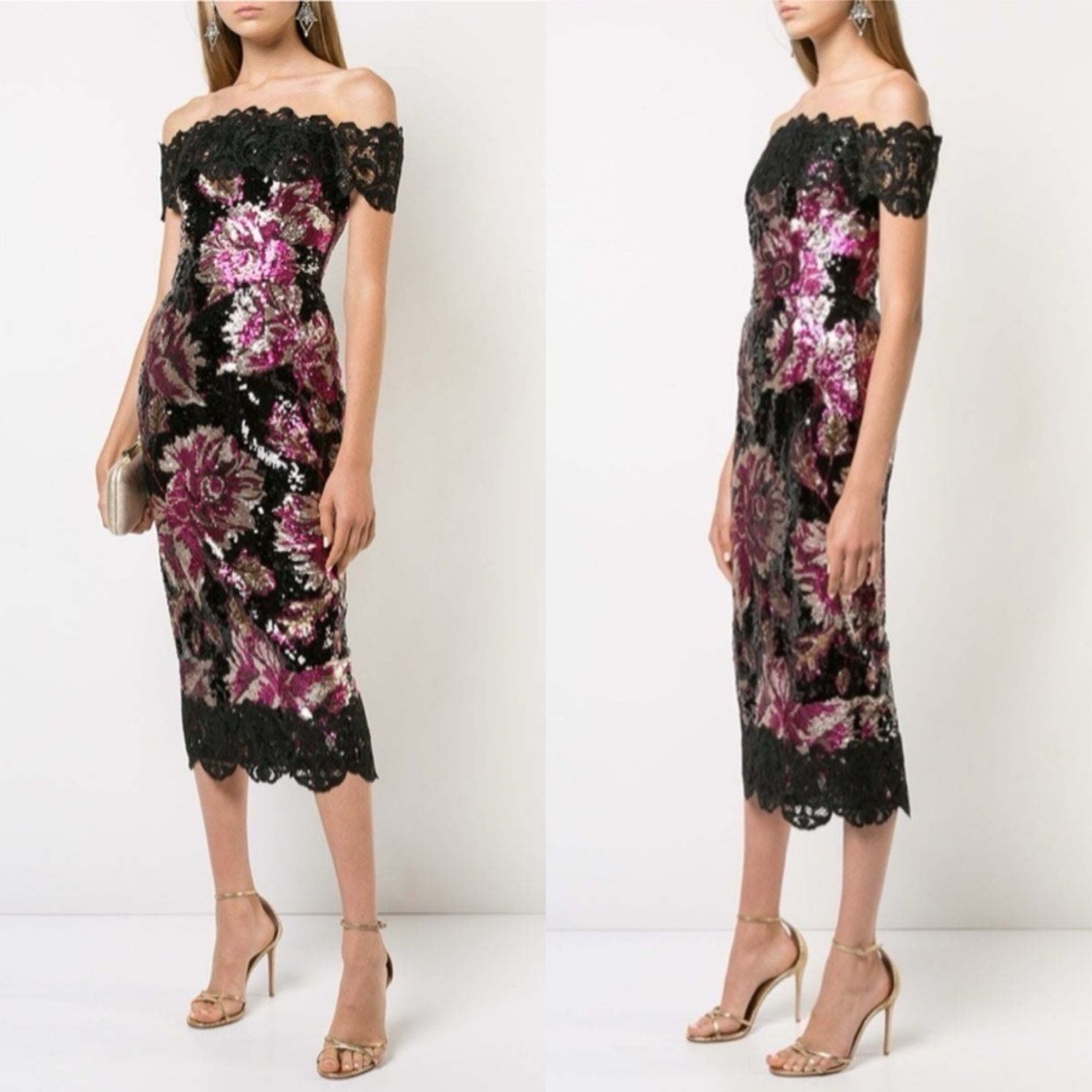 Marchesa Notte Floral Lace Off Shoulder Sequin Sheath Dress $795